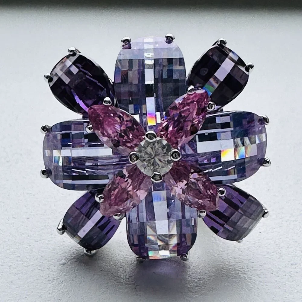 Statement Flower Ring Size 5 Purple Pink Gemstones Chunky Sterling Silver‎ 16+g
